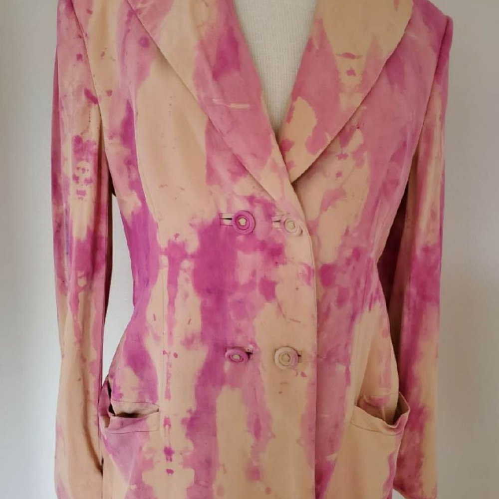 Vintage Gianni Versace silk blazer pink beige tan tie dye painted Med small 4 6 - Picture 4 of 12